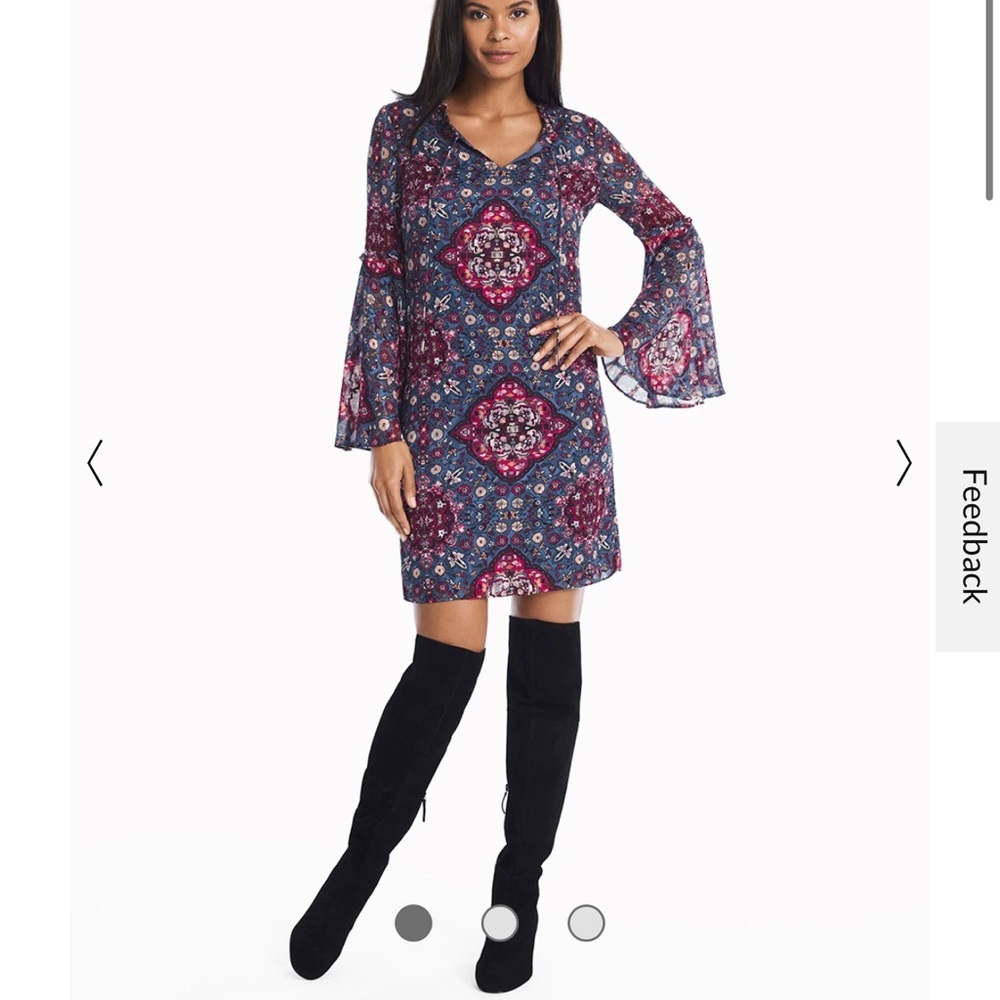White House Black Market Gray Medallion Long Bell Sleeve Shift Dress